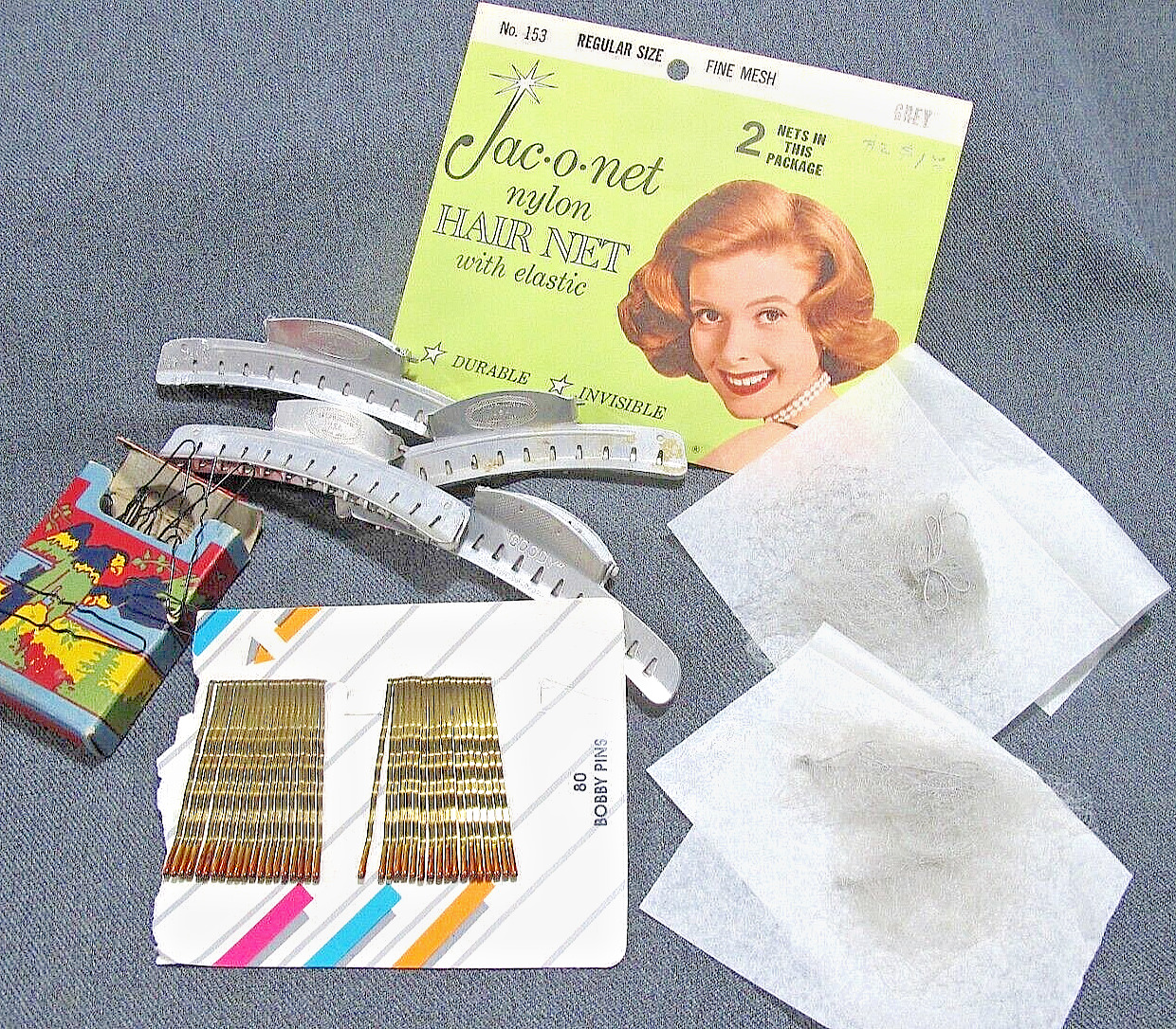 Vintage Jac-o-Net 2 gray hair nets + hair pins + wave hair clips lot