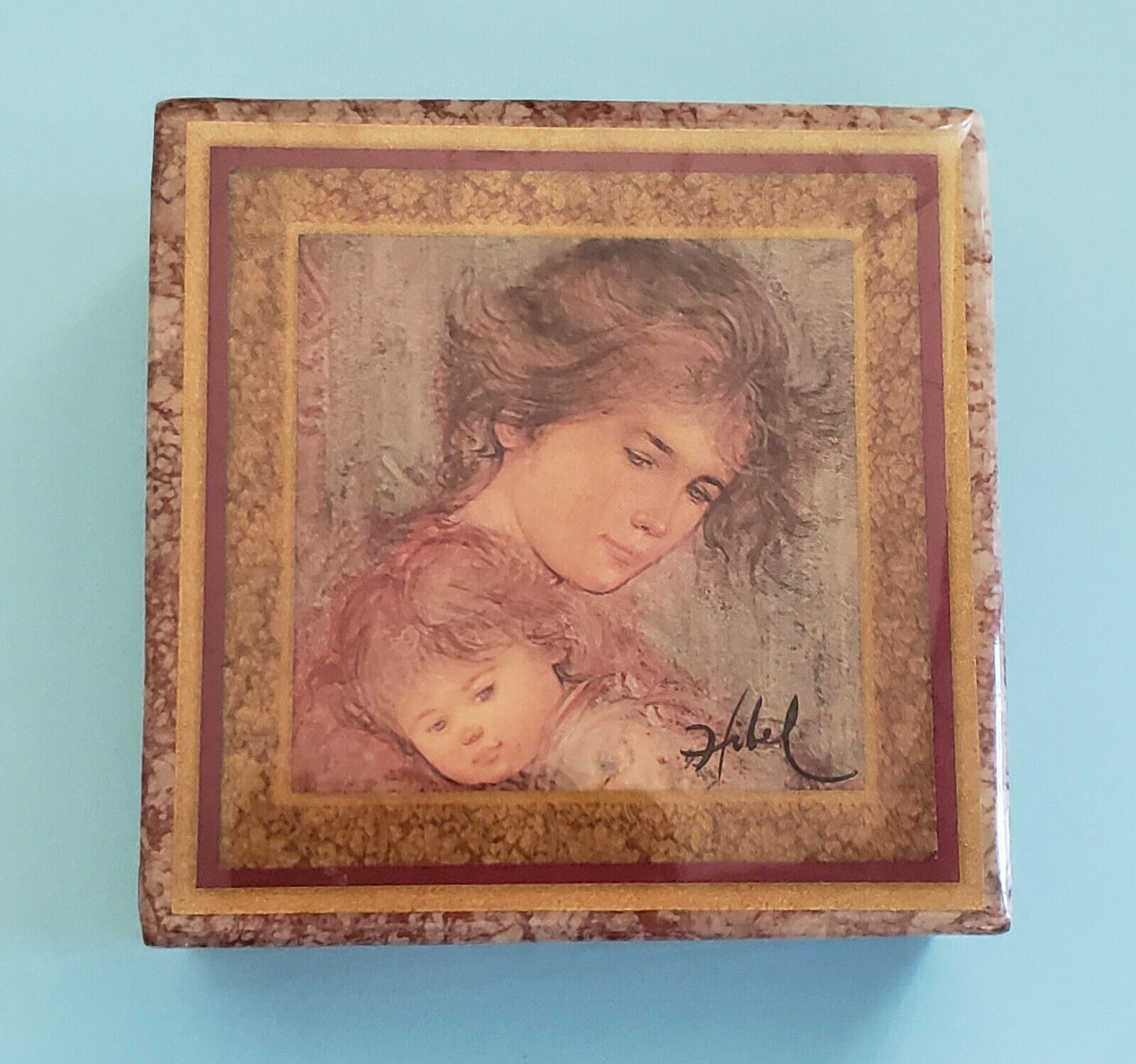 80s Edna Hibel Square Marble Trinket Box With Lid Mother and Child Signed 