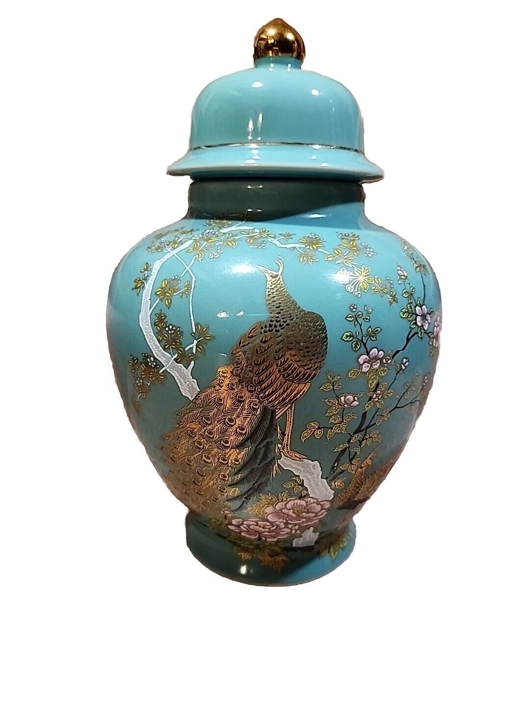Mint Green Hand Painted Gold Peacocks & Pink Cherry Blossoms Ginger Jar With