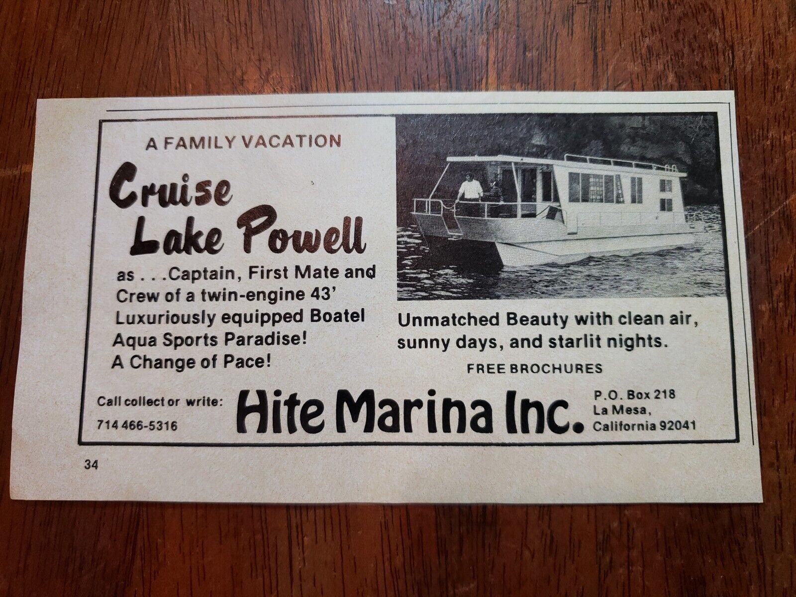 Hite Marina Advertising 1976. Criuse Lake Powell. House boat 
