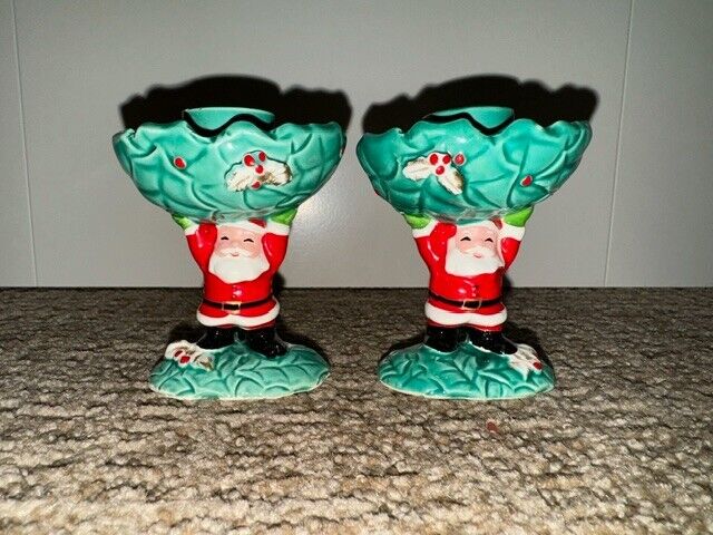 VINTAGE PAIR OF 1962 NAPCO JAPAN SANTA BERRY HOLLY CANDLE STAND HOLDERS X-5476