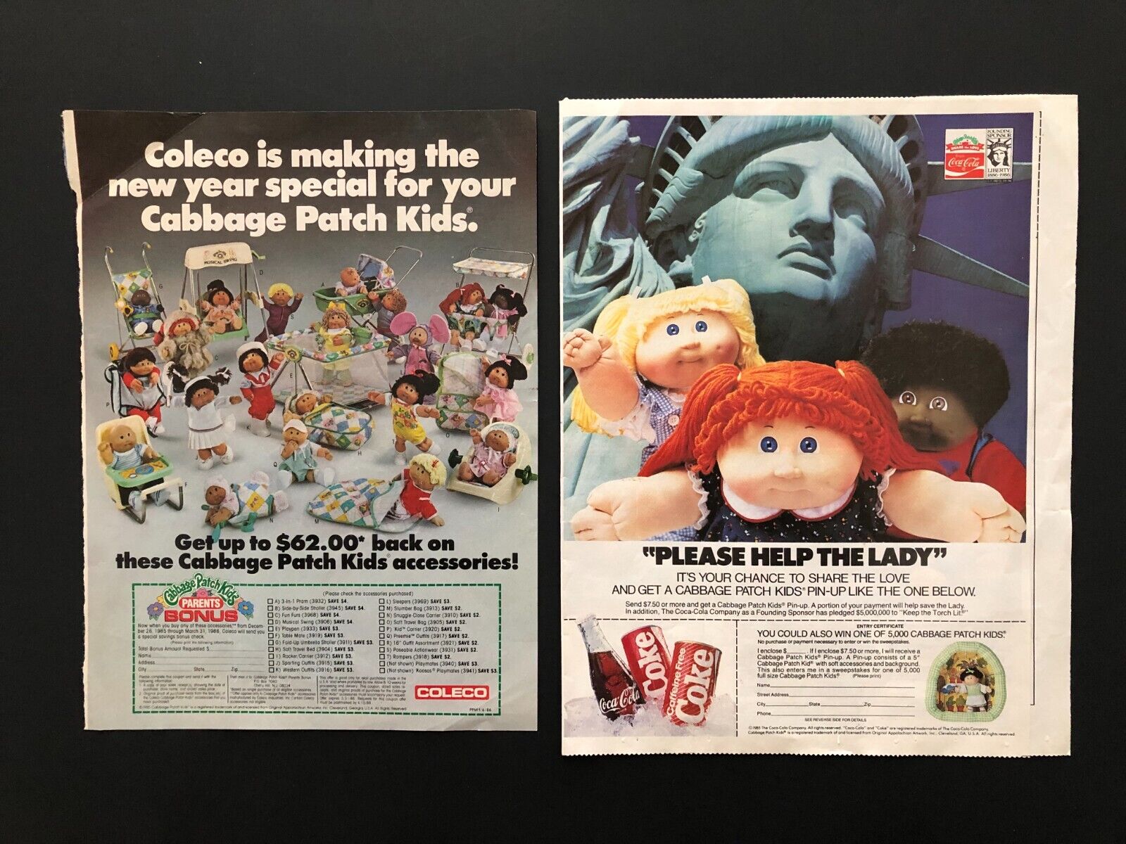 Vintage 1985/86Coleco Cabbage Patch Kids Magazine Advertising Toy Ads - Lot of 2