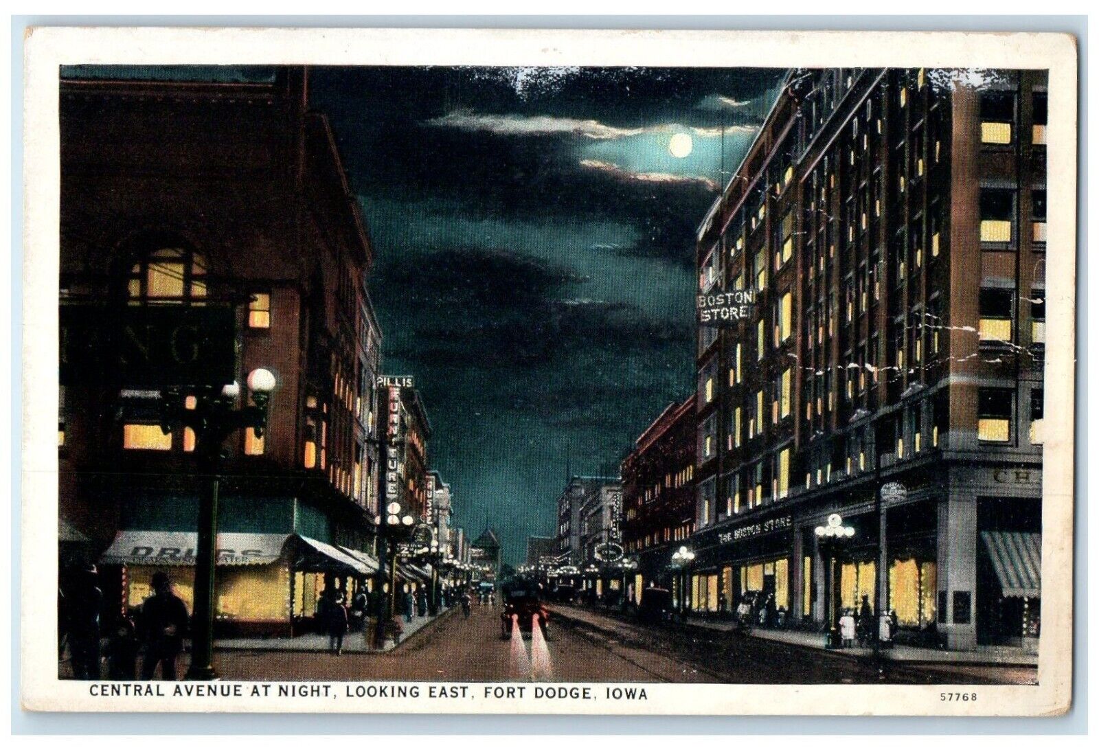 c1930\'s Central Avenue At Night Looking East Fort Dodge Iowa IA Vintage Postcard