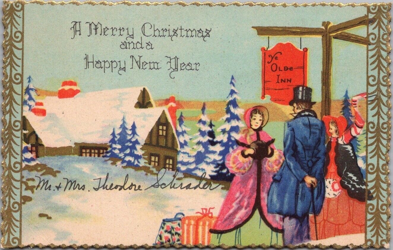 Vintage 1910s MERRY CHRISTMAS Happy New Year Postcard Art Deco *Writing on Front