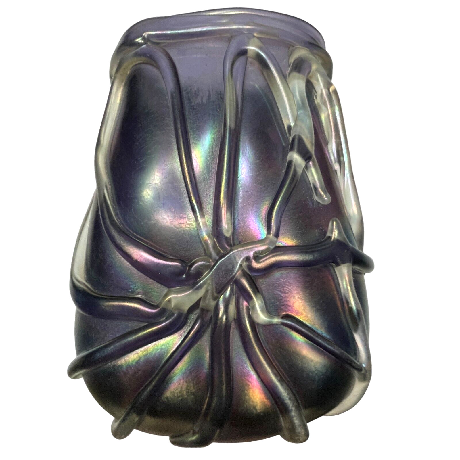 Mark Peiser American Art Glass Vase Rare Applied Glass on Iridescent Glass 1972