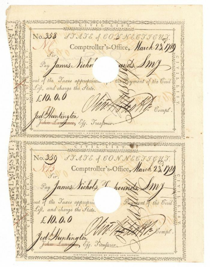 Pair of Pay Orders Signed by Jed Huntington and Oliver Wolcott Jr. - Connecticut