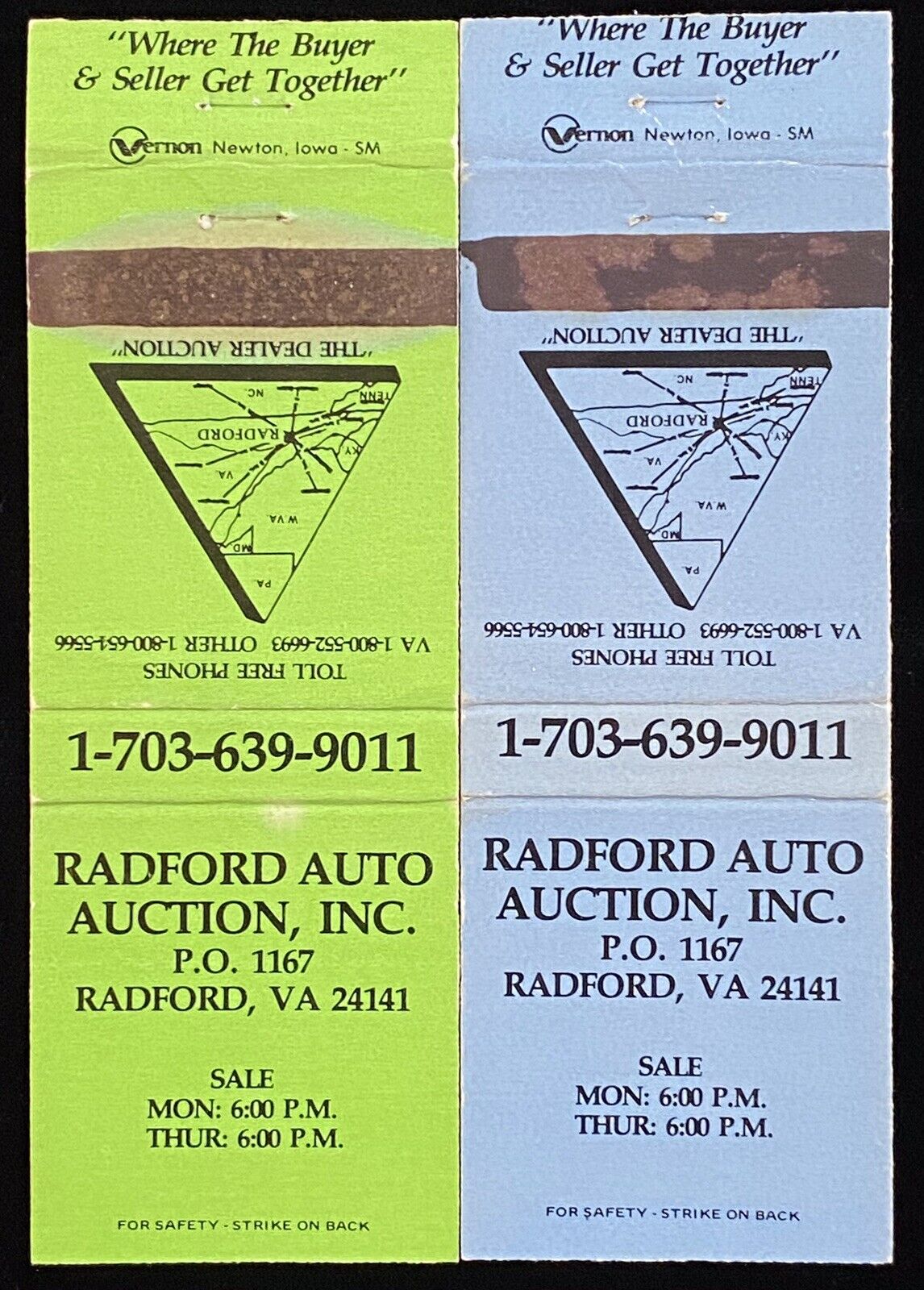 RADFORD Auto Auction Radford Virginia Set Of 2 Vintage Matchbook Covers B-3066