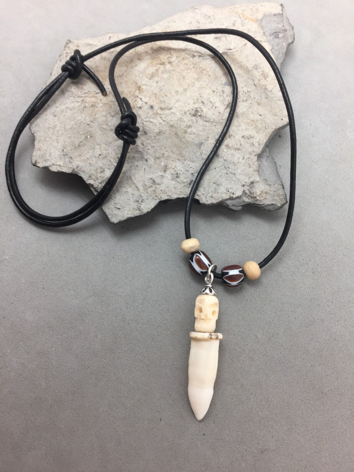 Alligator Tooth Necklace Sterling Silver Skull Head Leather Cord Trade Beads Adj