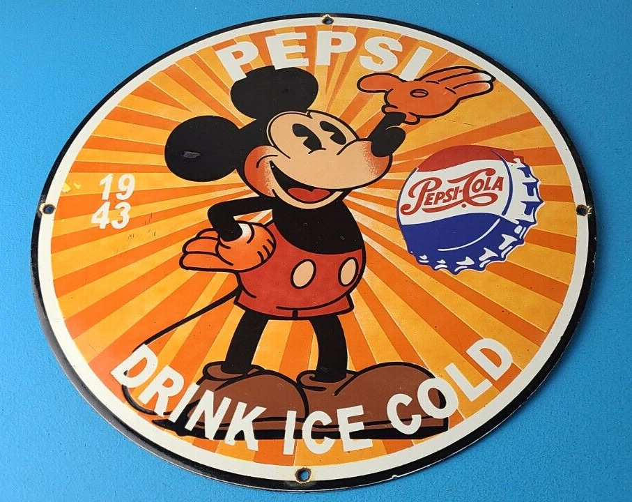 Vintage Pepsi Porcelain Sign - Mickey Beverage Drink Cola Gas Service Sign