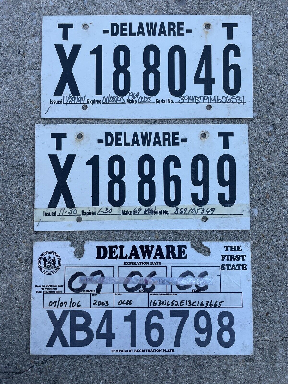 3 Vintage Delaware Temporary Tags License Plates expired 