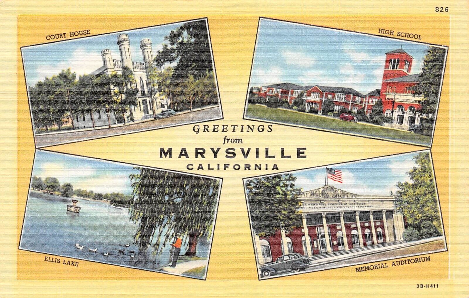D1883 Greeting from Marysville, CA 4 Views - 1943 Teich Linen Postcard # 3B-H411