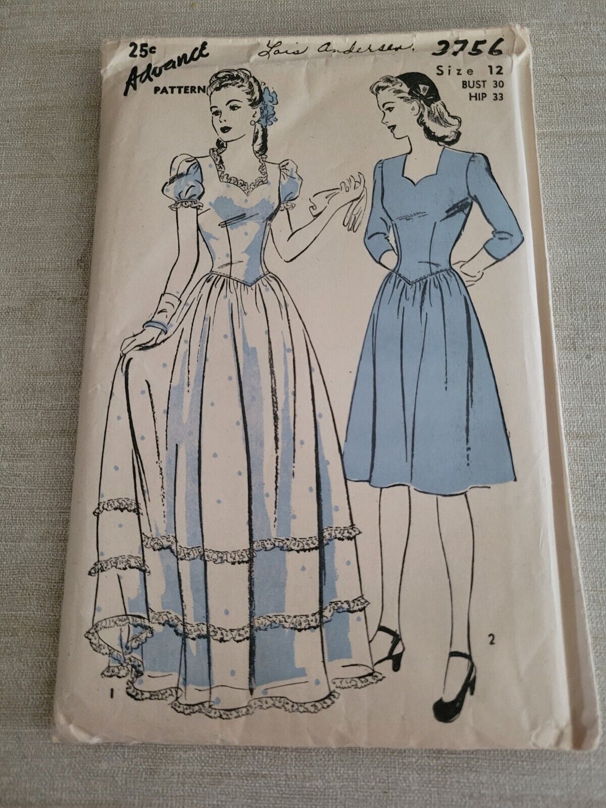 1940\'s Advance 3756 Vintage Misses Dress Pattern Sz 12 Bust 30 Hip 33 UNCUT