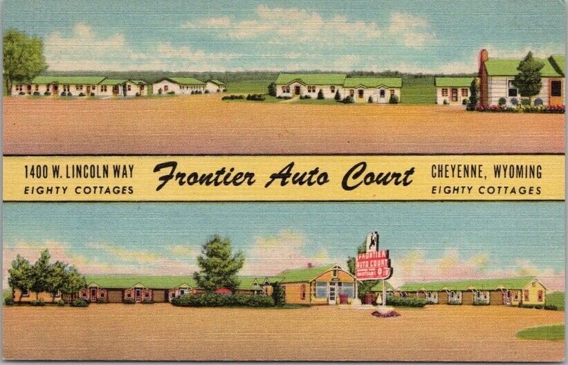CHEYENNE, Wyoming Postcard FRONTIER AUTO COURT Highway 30 Roadside Linen - 1952