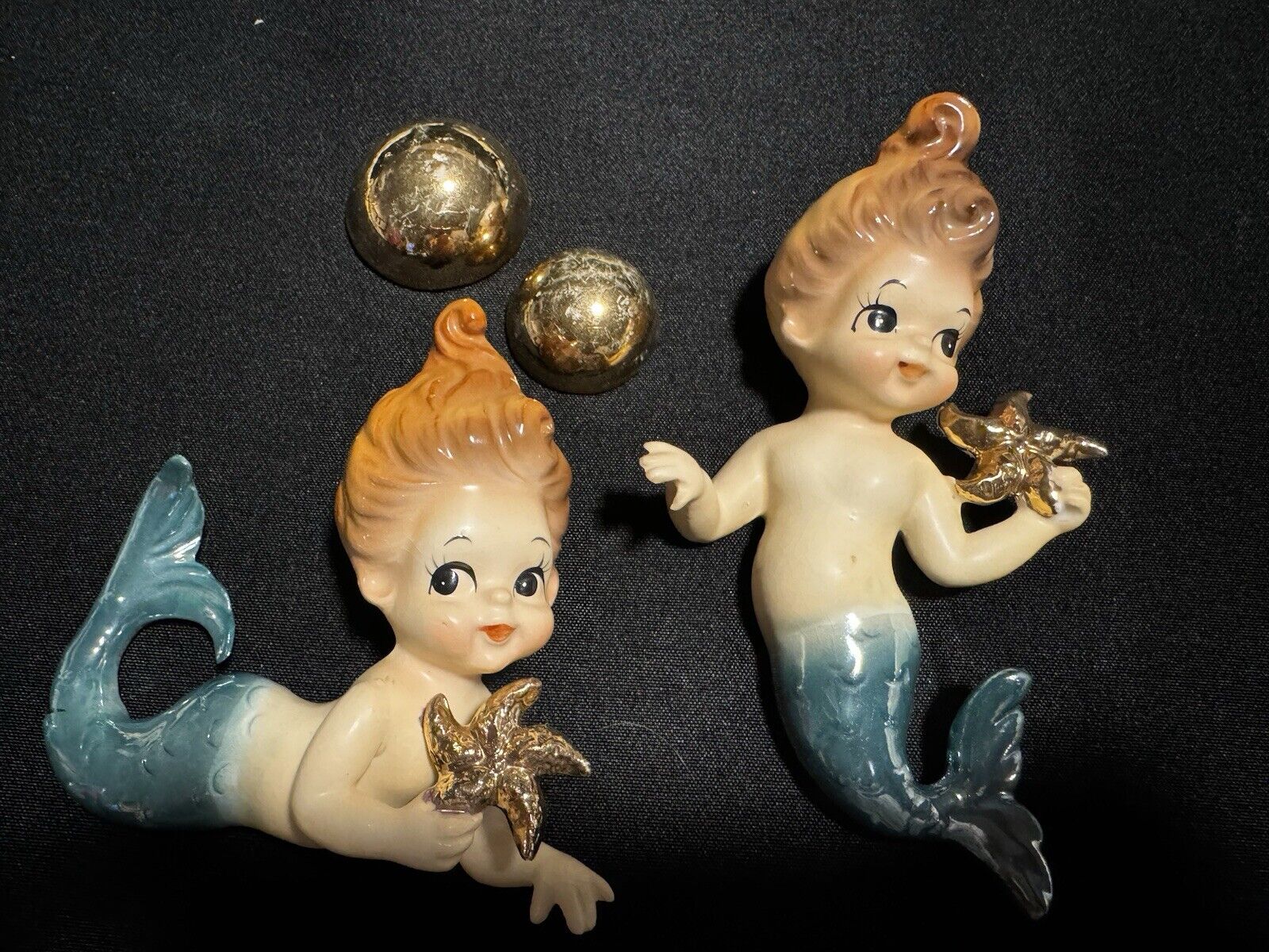 Vintage Ceramic Mermaids Wall Plaques Figurine Mermaid Gold Starfish Set
