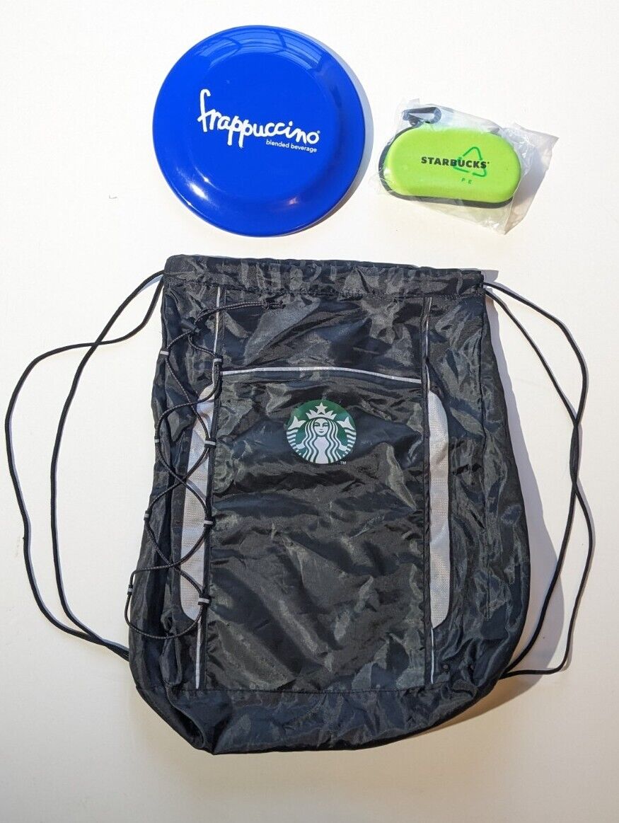 Starbucks Logo Backpack String  Bag Tote Drawstring Glasses Case & Frisbee 