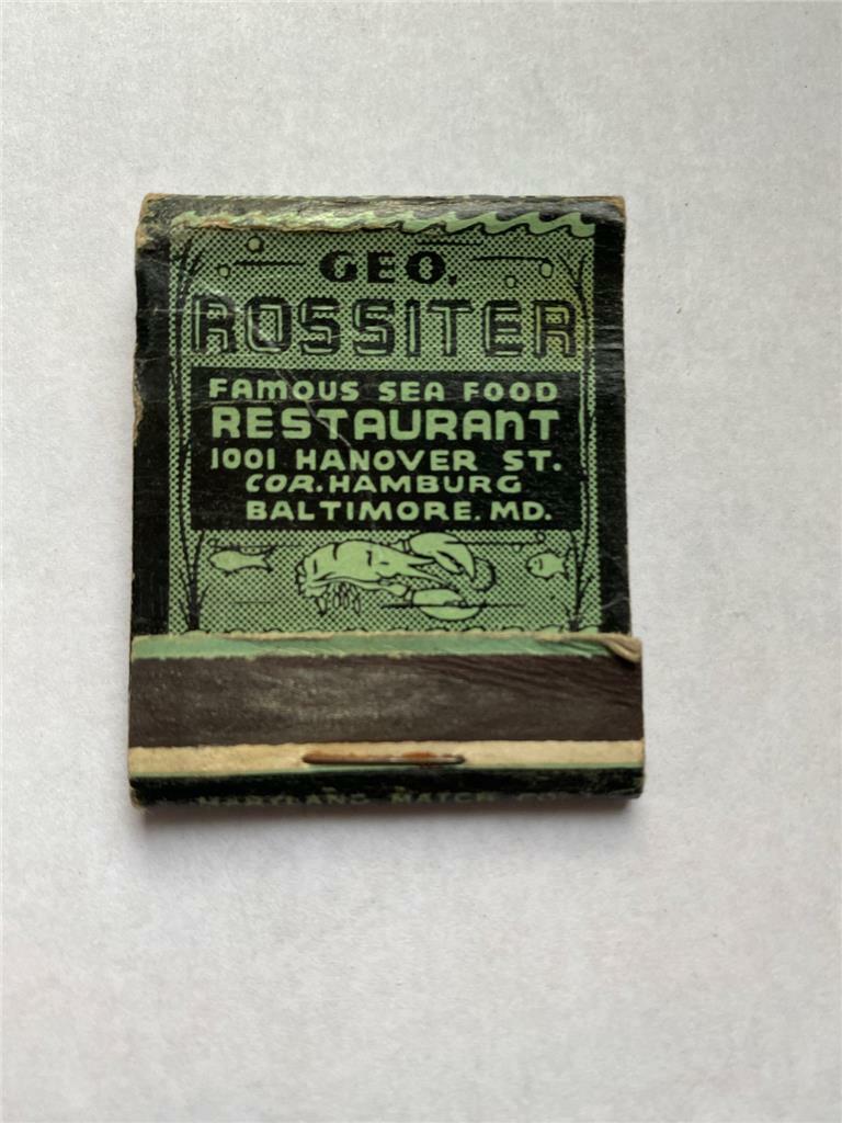 1940\'s Geo Rossiter Restaurant 1001 Hanover St Baltimore MD EMPTY Matchbook