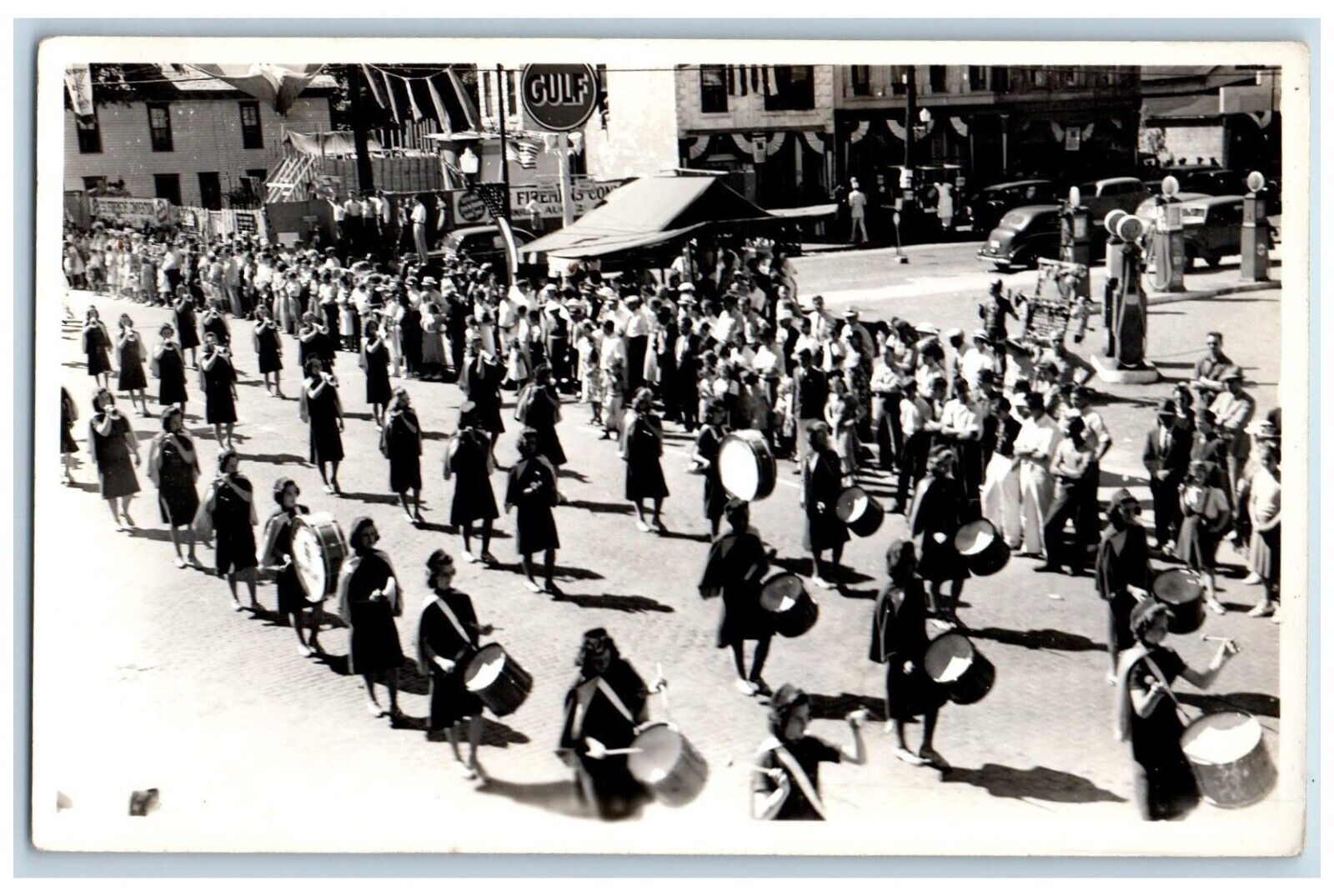 Marching Band Parade Gulf Gas Station Springville NY RPPC Photo Postcard