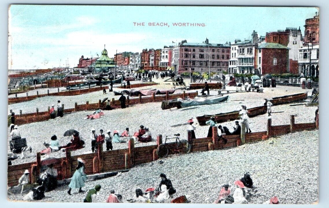 The Beach WORTHING Sussex ENGLAND UK 1909 Postcard