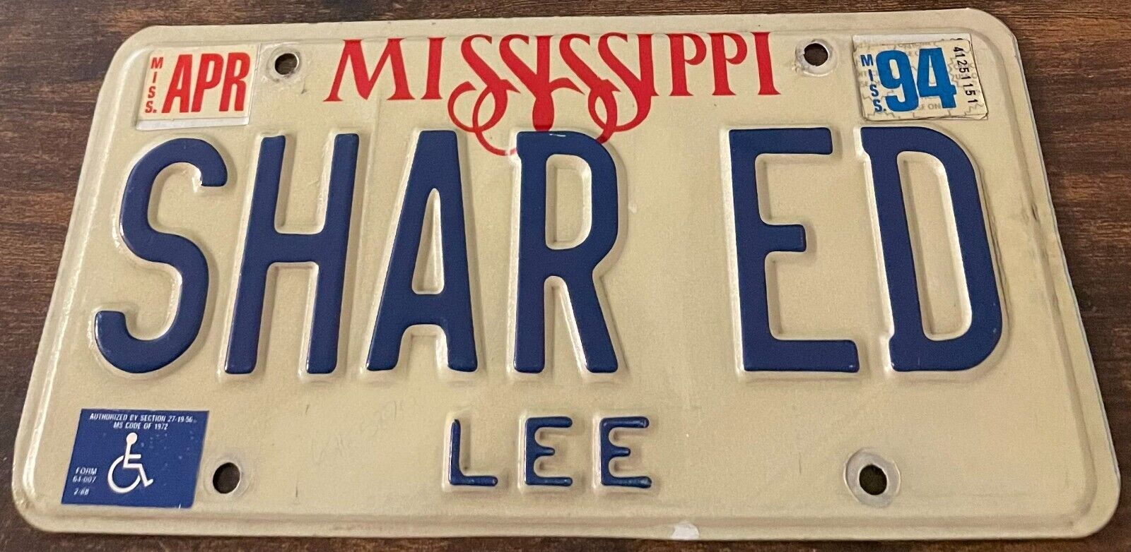 SHAR ED Vanity License Plate Mississippi SHARED Sharon & Ed Sharlene