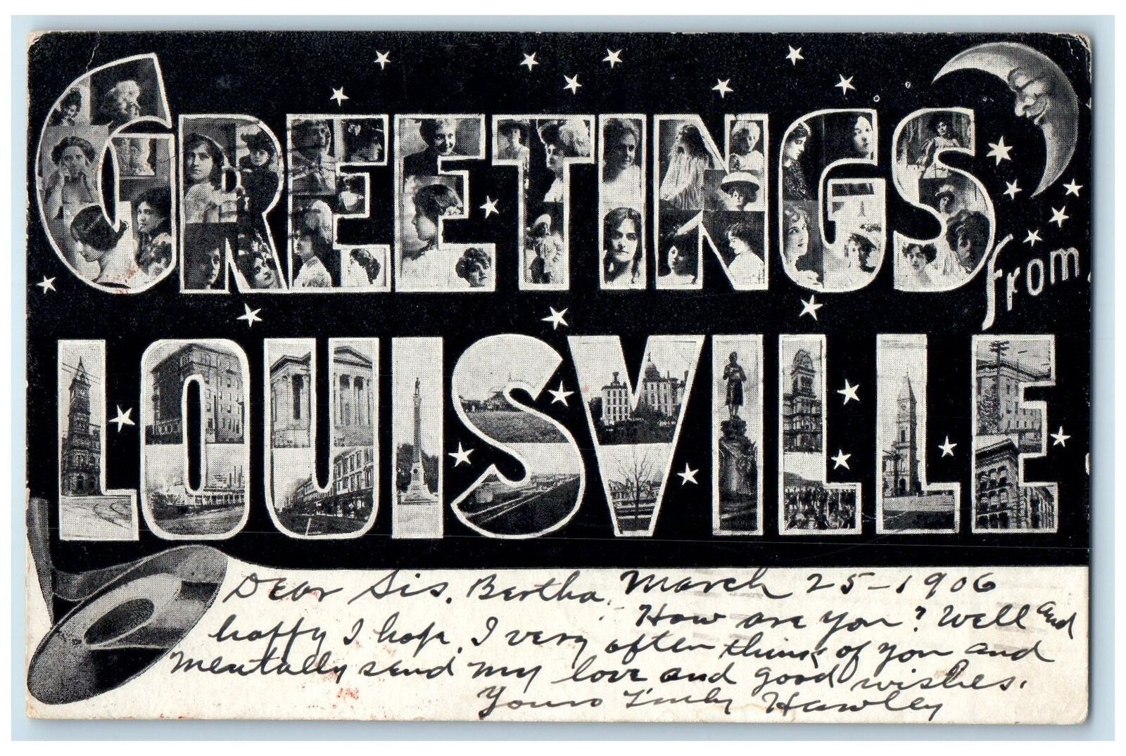 1906 Large Letter Greetings From Louisville Kentucky KY Posted Moon Postcard