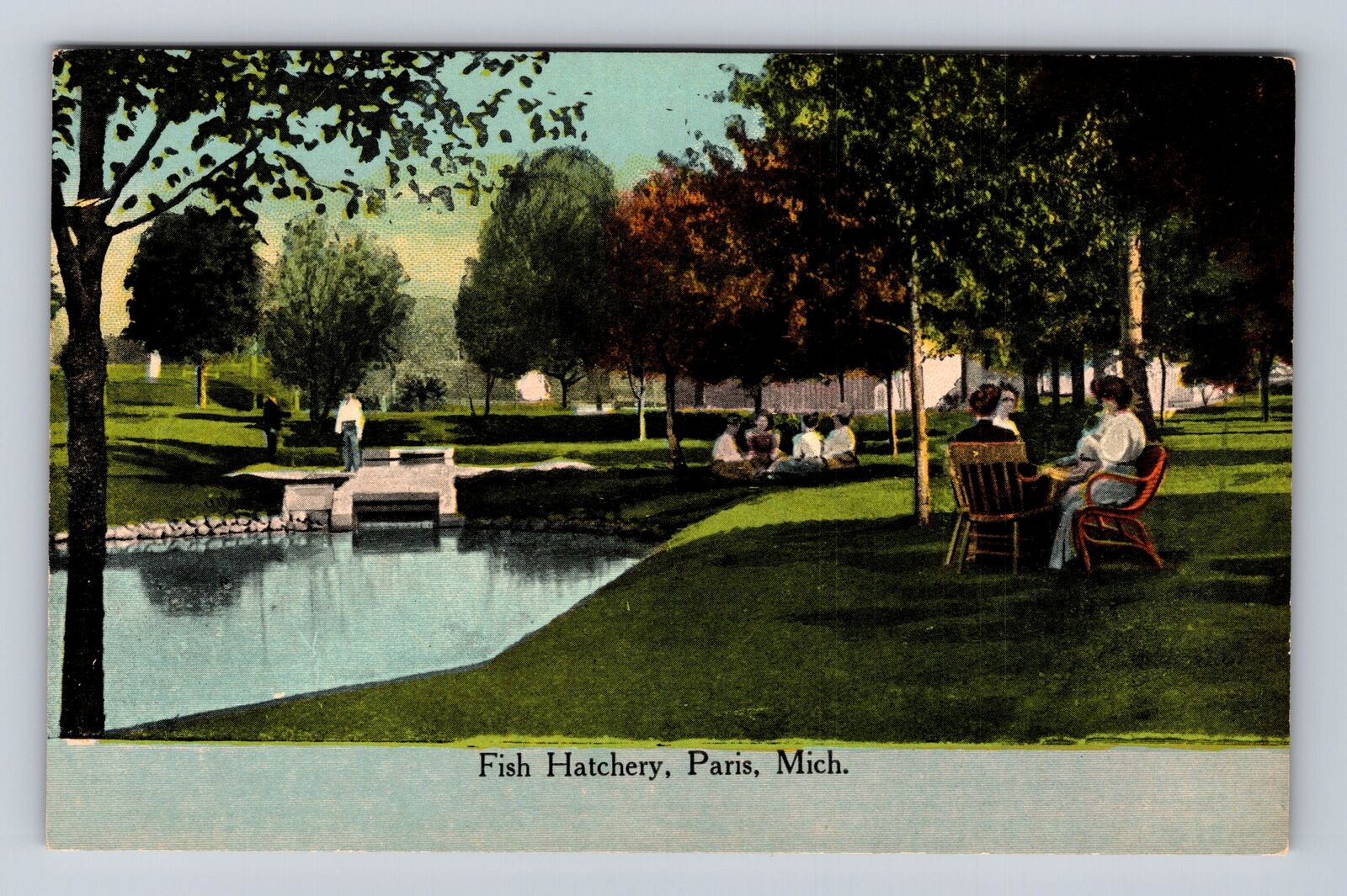 Paris MI-Michigan, Fish Hatchery, Ladies & Gents, Pond, Antique Vintage Postcard