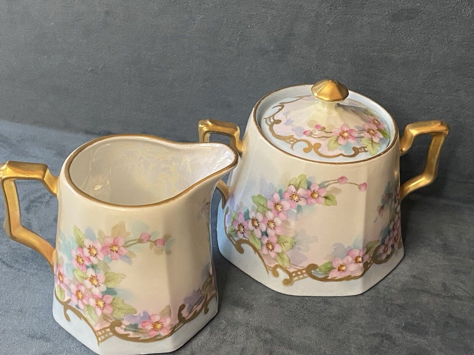 Antique Handpainted, Floral, Pink And Blue W/Gold Trim Cream And Sugar Set 3.5”