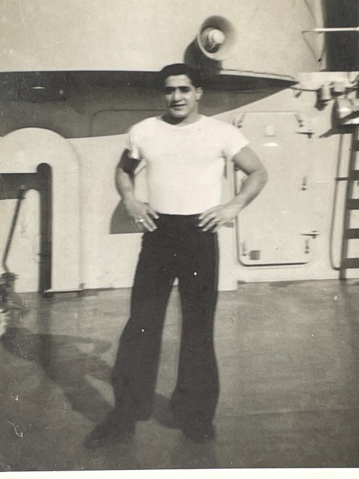HB Photograph Tall Dark Handsome Sailor On Ship U.S. Navy Soldier 1940;s