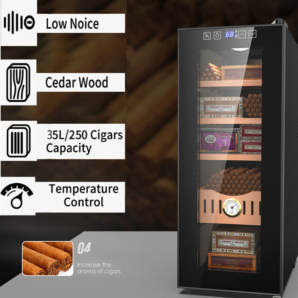 35L Electric Humidor Cigar Cooler W/ Spanish Cedar Wood Shelves, 250 Capacity