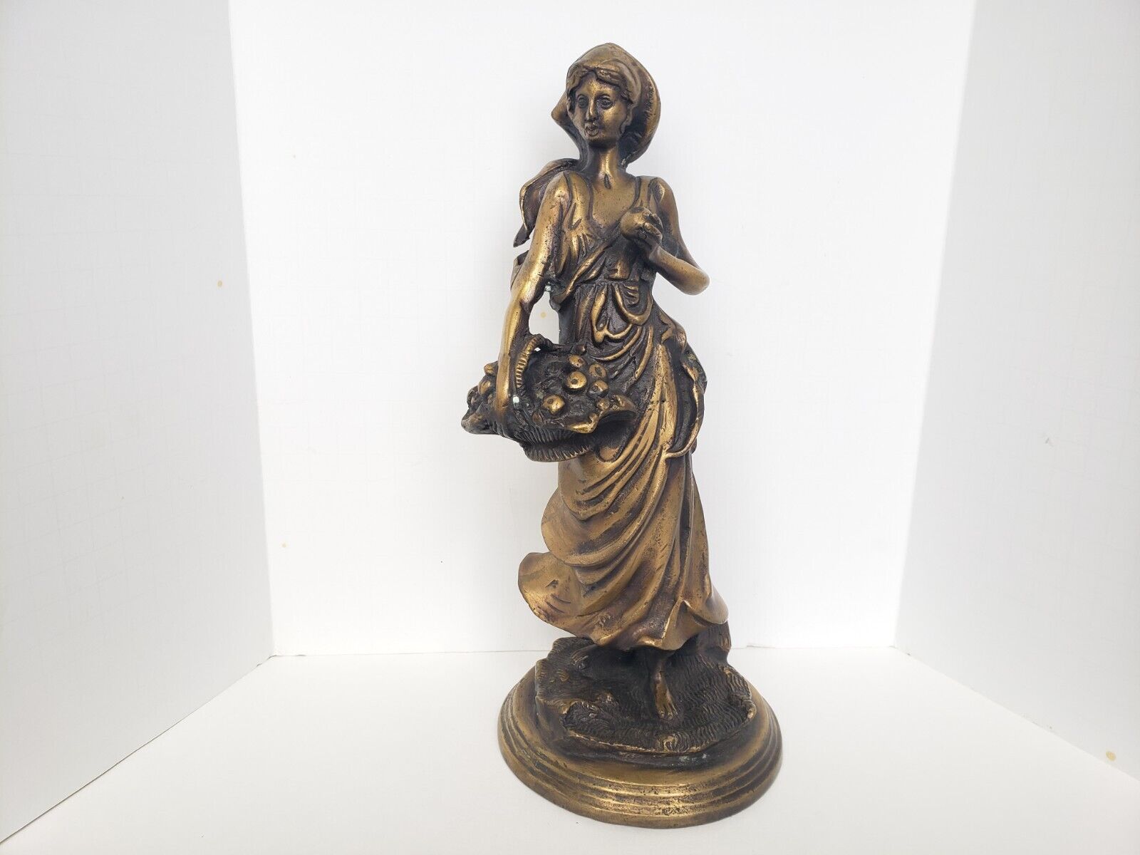 Arteriors Bronze Peasant Girl With Fruit Basket Statue Unsigned  - Vintage
