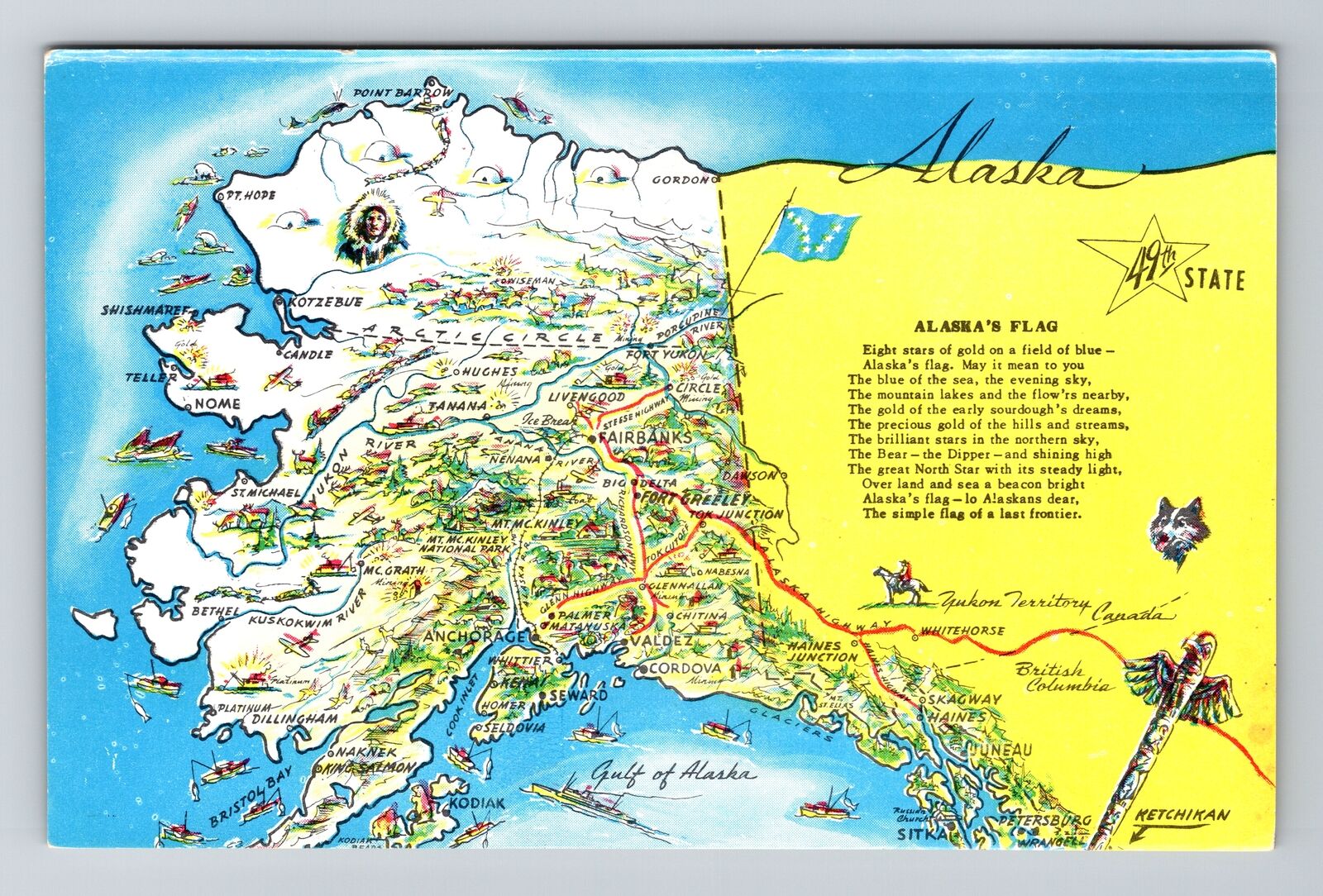 AK-Alaska, Alaska's Flag, State Outline with Map, Vintage Postcard