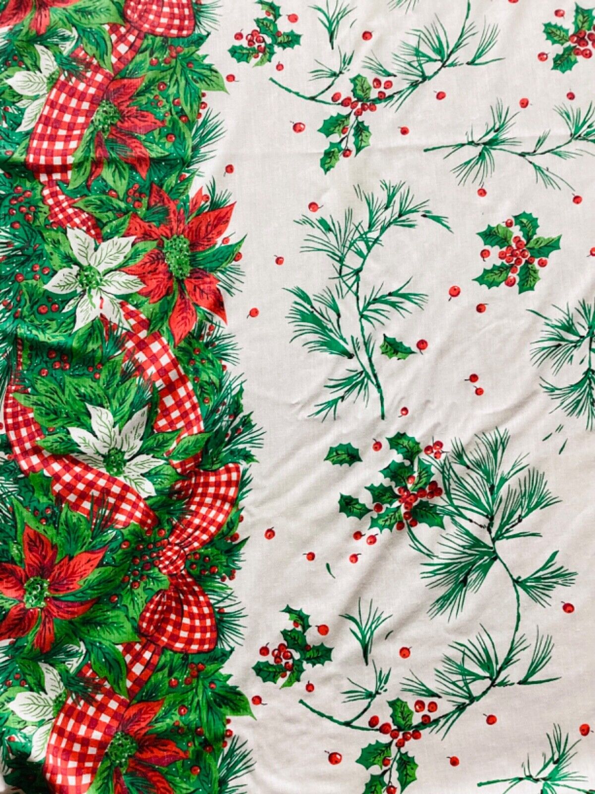 Vint. cloth Christmas holiday tablecloth 79” x 60” poinsettia plaid ribbon print