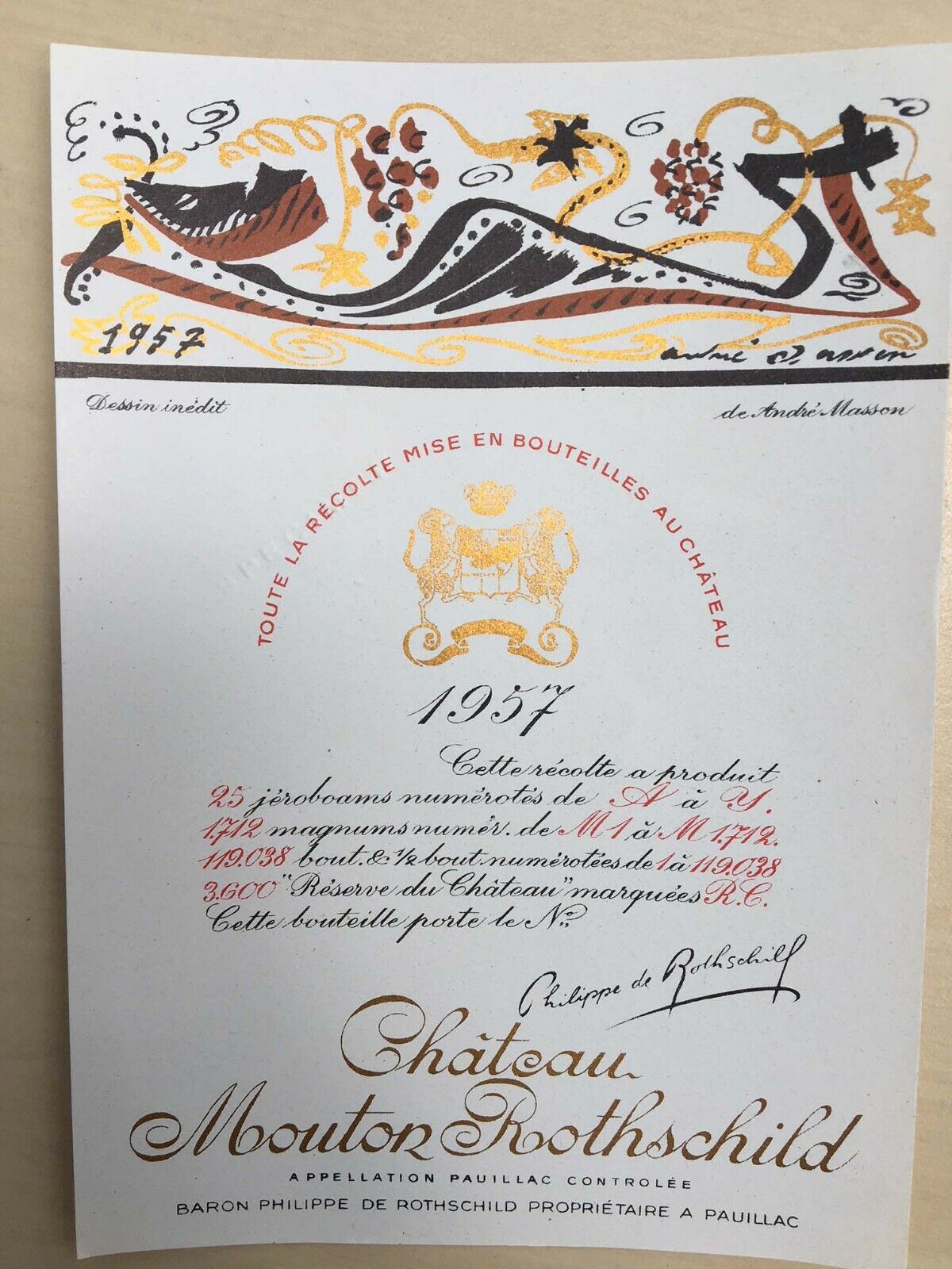 The 1957 Chateau Mouton Rothschild (Specimen) - Label By: Andre Masson