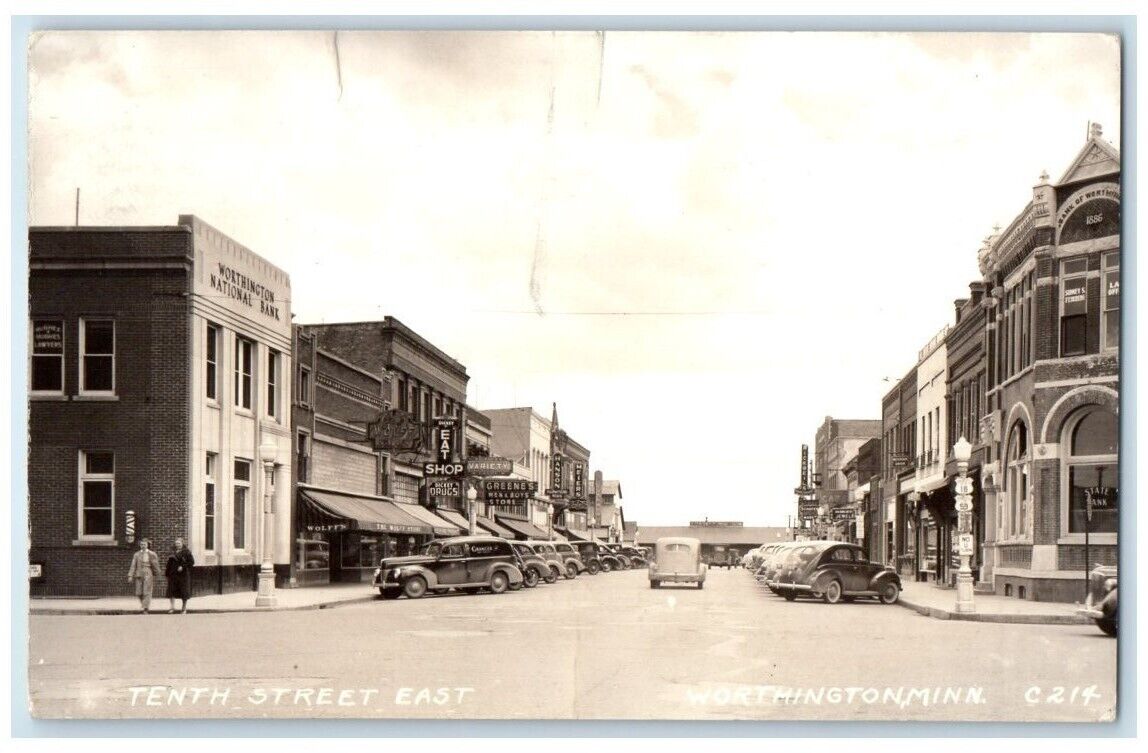 1940 East Tenth Street Bank Drug Store View Worthington MN RPPC Photo Postcard