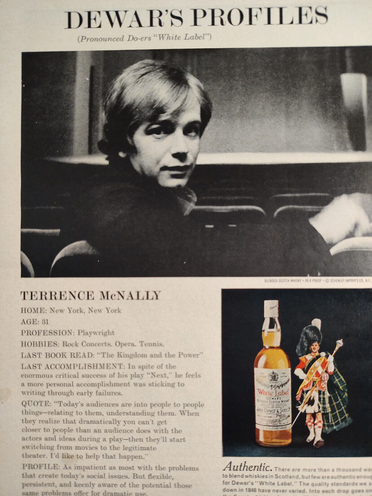 1971 Esquire Original Advertisement TERRENCE McNALLY Dewar\'s White Label Scotch