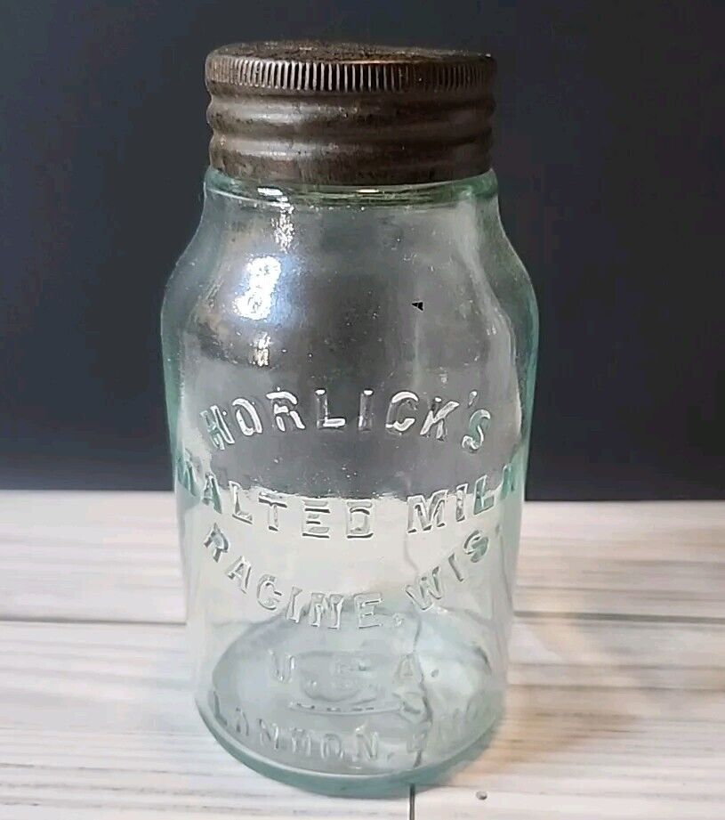 Clear Horlick\'s Malted Milk Jar Racine, WI, London, England Grd Lip 5\