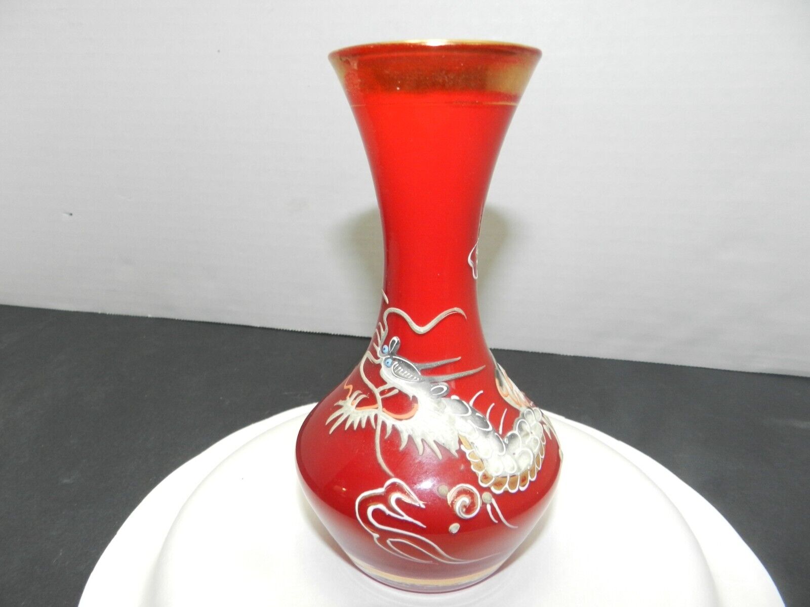 Vtg Moriage Dragonware Vase 5.5”Japanese Cased Opaline Red Glass