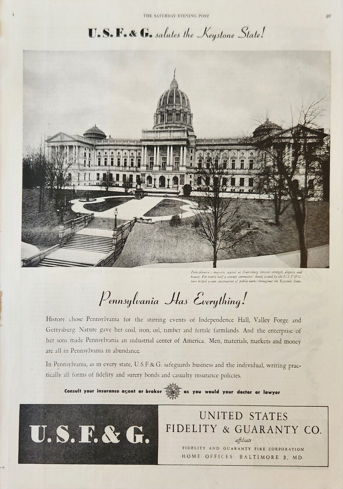 1945 United States Fidelity & Guaranty Co Vintage Ad Pennsylvania has everything