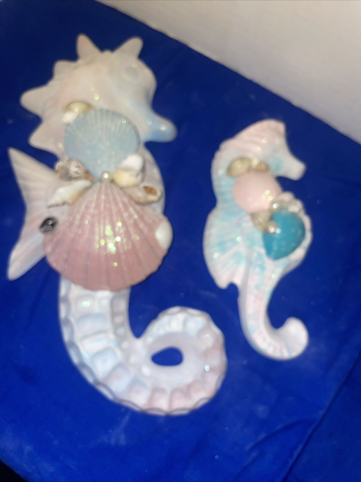Chalkware Glittery Tall Seahorse Pair Seashell Decor-12”&7” Tall- Estate Find