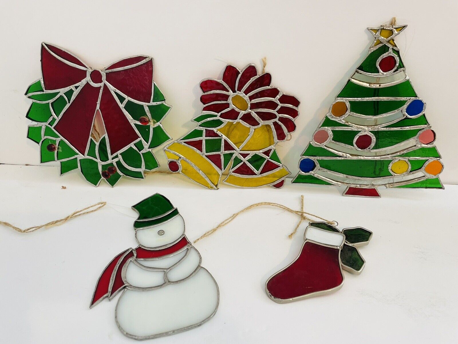 Vintage Stained Glass Suncatcher Christmas Ornaments Medium Size Lot Of 5