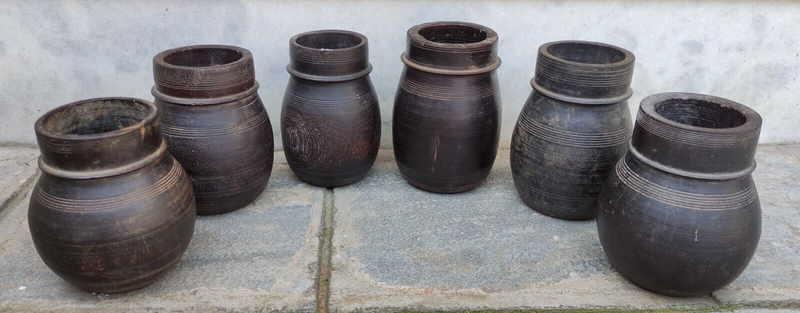 Ancient 6 pcs Handmade Wooden pot Himalayas collective Art  from Nepal, PT