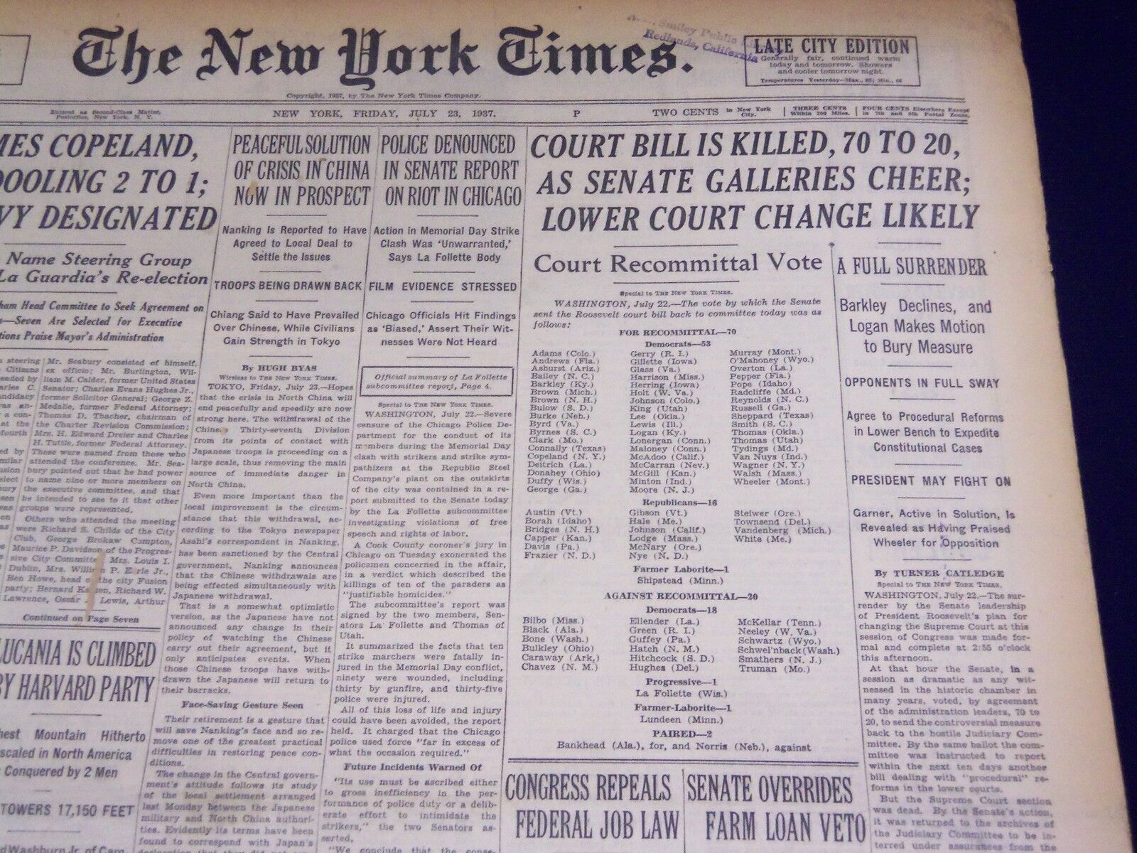 1937 JULY 23 NEW YORK TIMES - COURT BILL IS KILLED 70-20 - NT 437