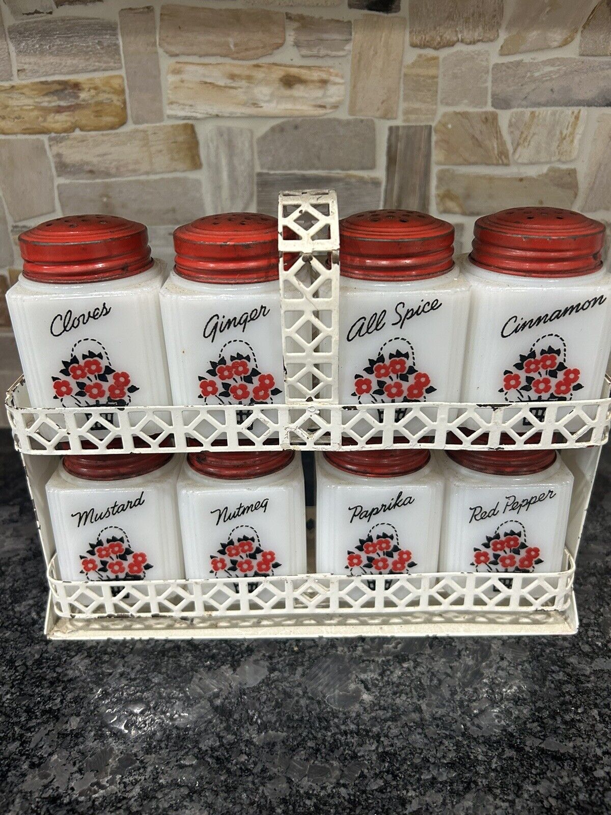 Vintage Tipp City, USA - 8 Milk Glass Spice Jars with Metal Rack Red Floral 🌺