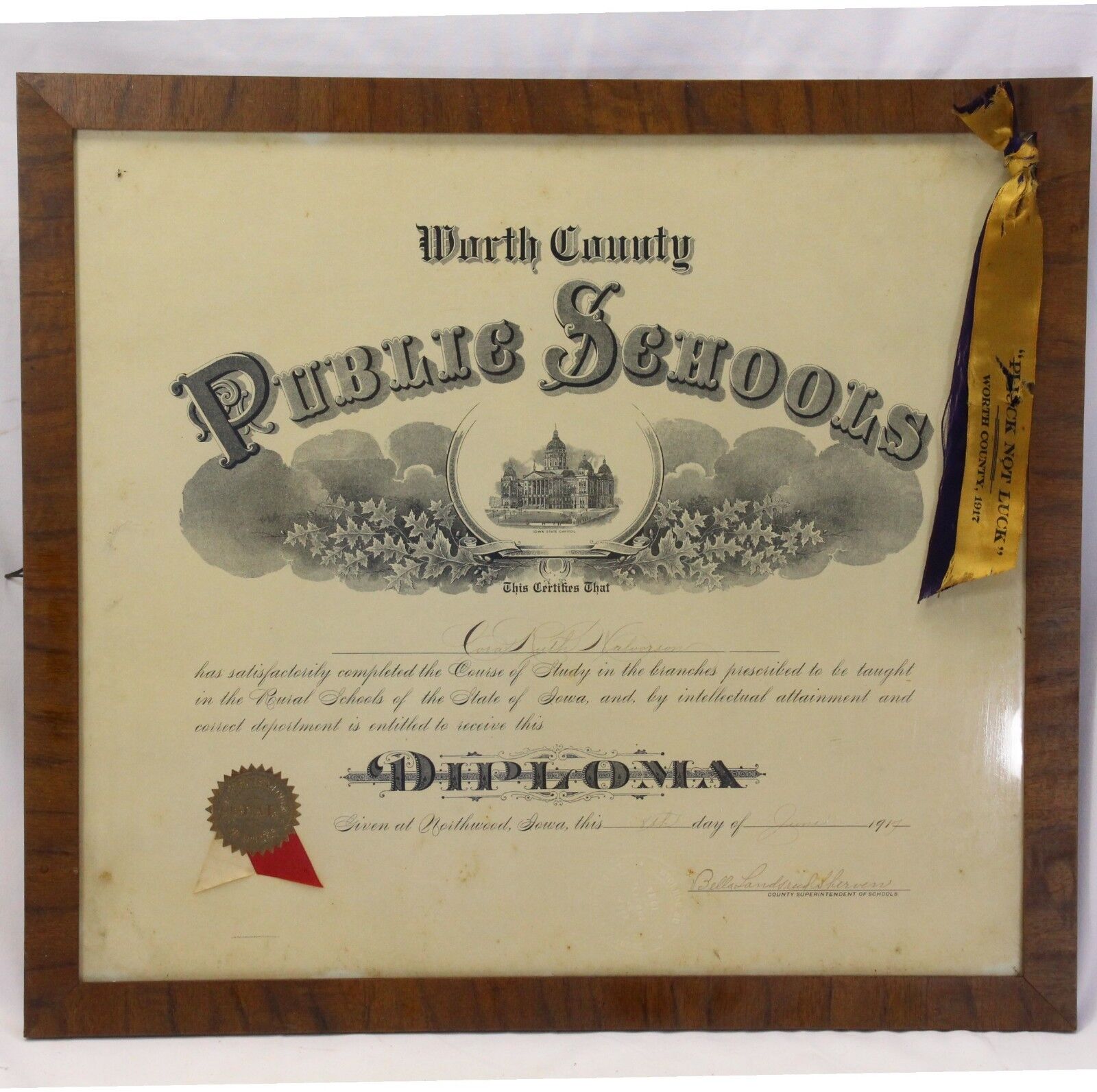Worth County Iowa Public School Diploma 1917 Vintage  17.75\