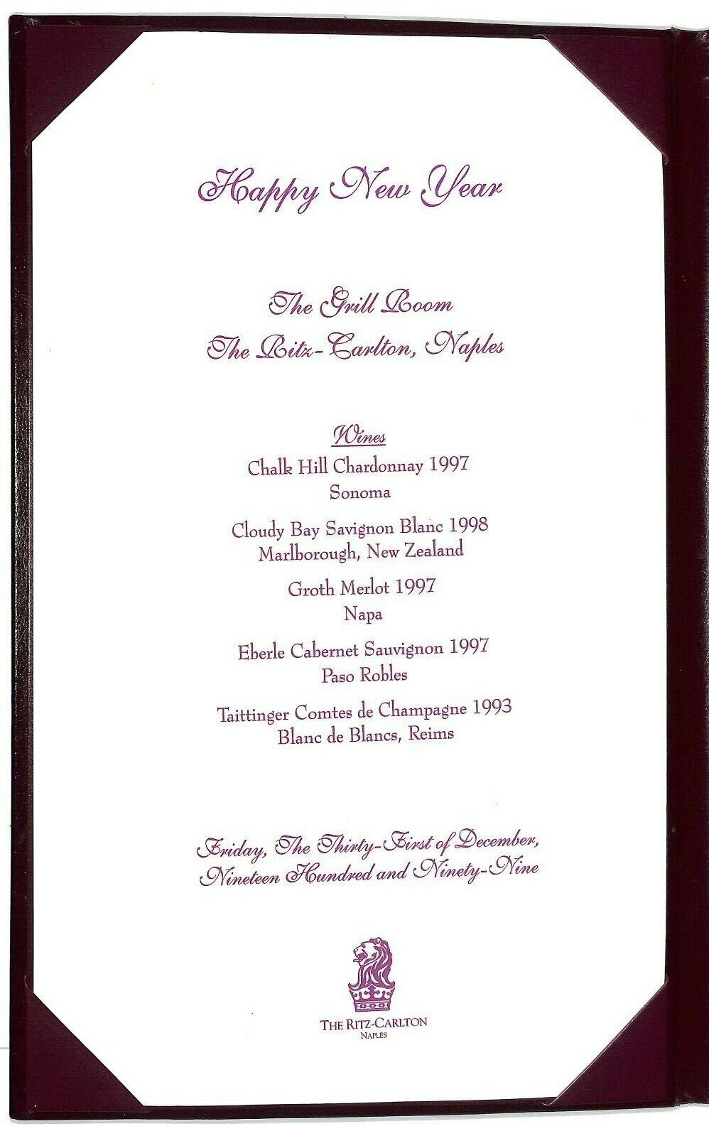 Ritz-Carlton Naples FLA 1999 New Years Eve Millennium Dinner Menu - Signed x2 