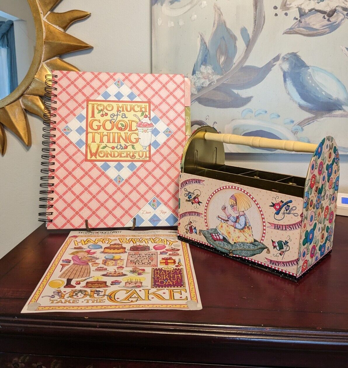 Mary Engelbreit Collection 3 Pcs. Storage Tin Sewing Box, Recipe Book & Stickers