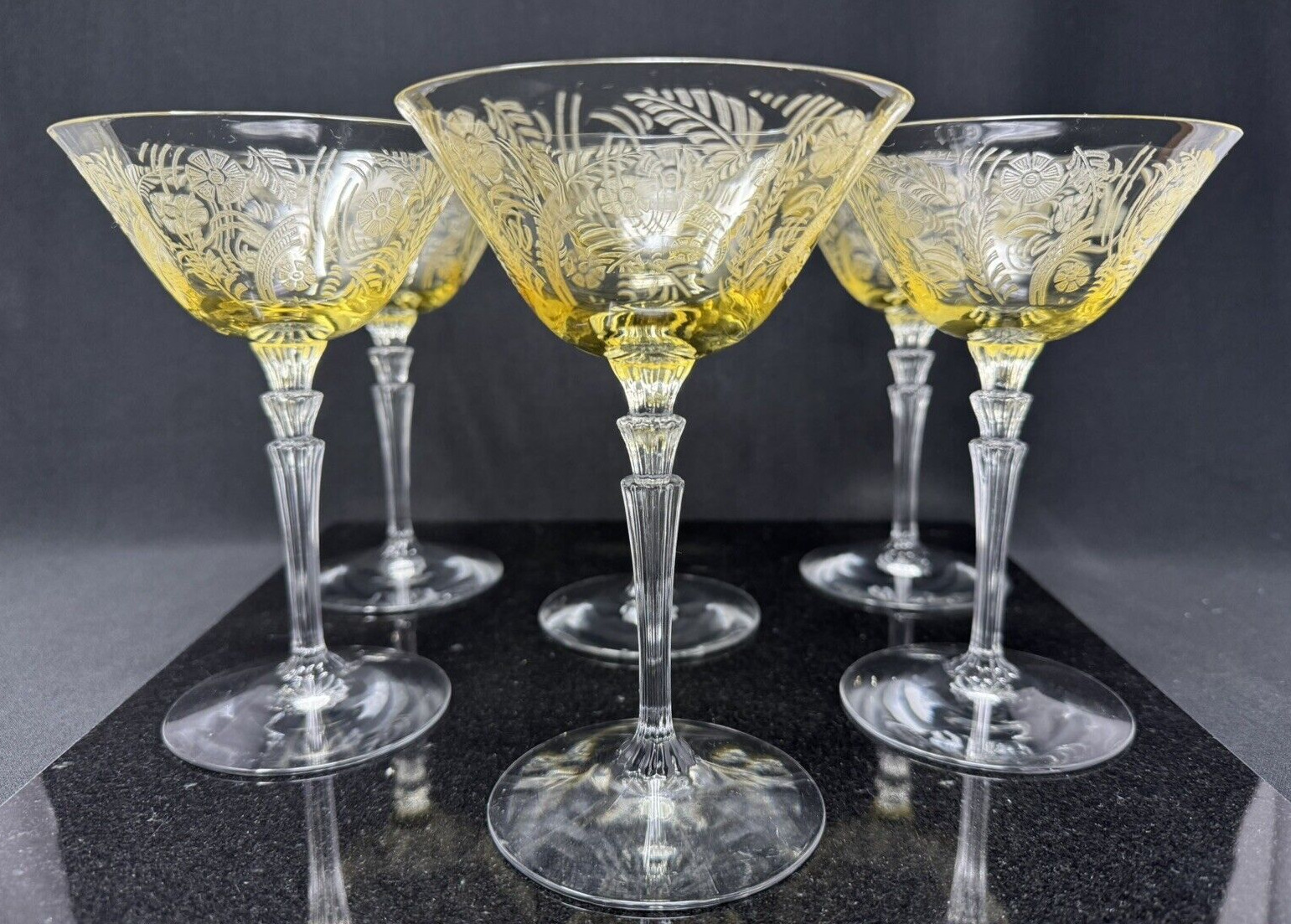 6 Vintage Art Deco Fostoria Topaz Kashmir Etched Champagne Coupes Glasses
