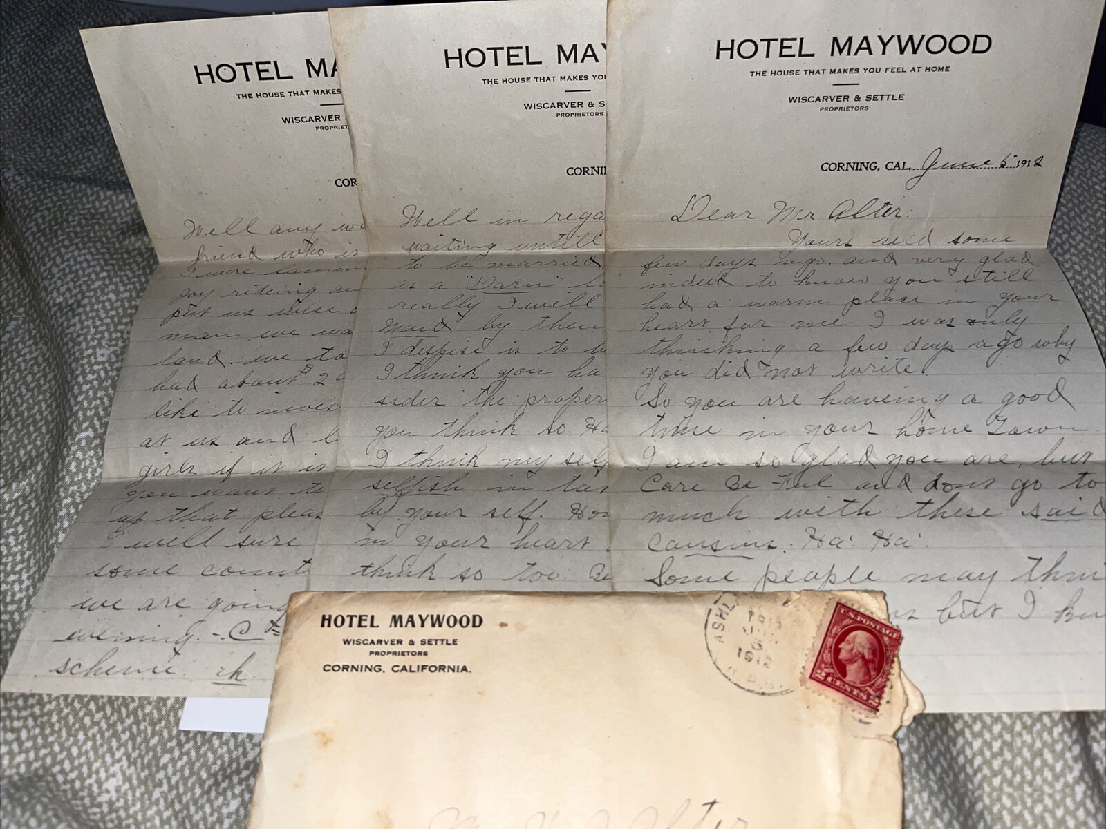 Antique 1912 Letter to KS: Hotel Maywood Letterhead Corning California CA