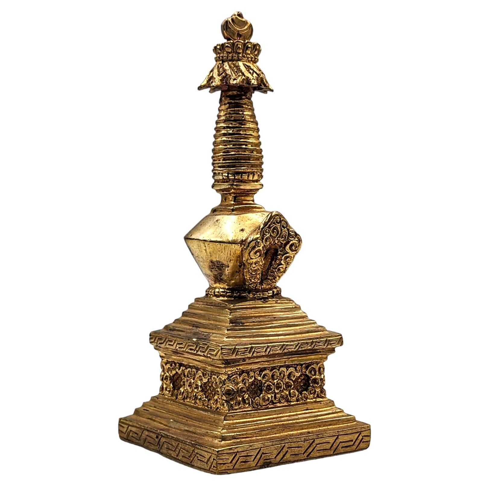 Tibetan Antiqued Décor Buddhist Cooper Gold Lotus Stupa Statue Nepal Collectible