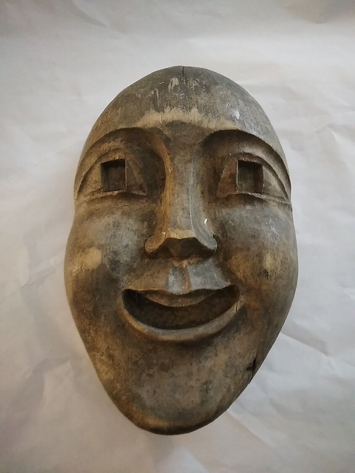 Vintage Handcarved Wooden Face Mask Decor Folkart Unique Odd Distressed 3D