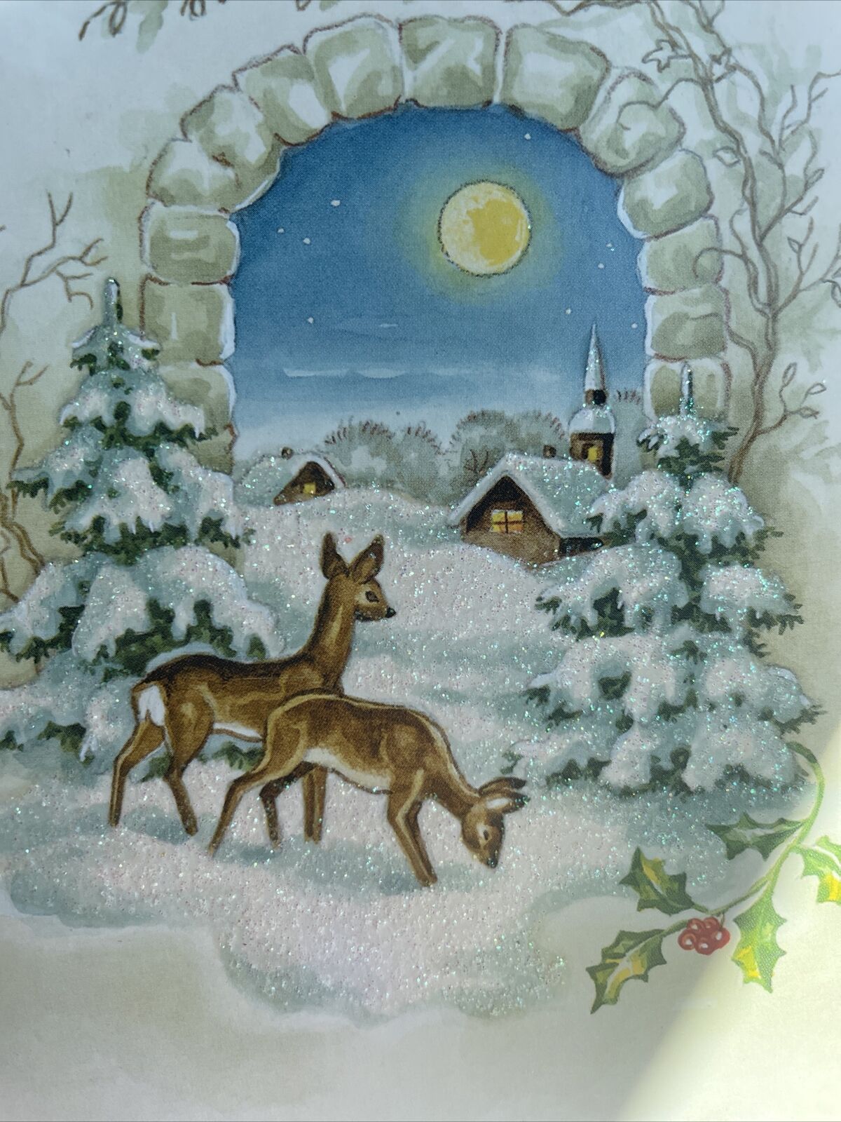 Vtg UNUSED Christmas Card Deer Glitter Snow Covered trees Moon Church with Env